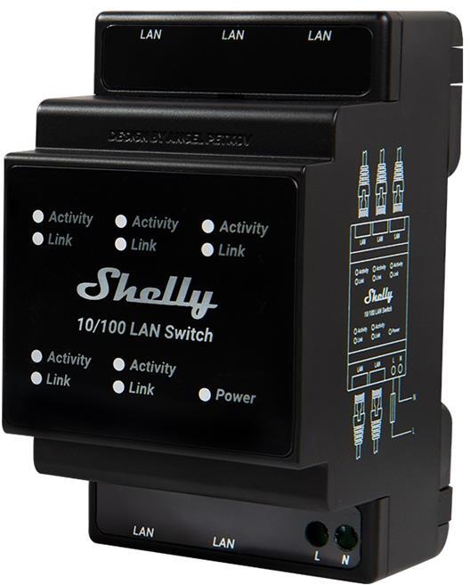Мрежов комутатор, 5x 10/100 Mbps, за DIN монтаж, 110...230Vac, Shelly LAN Switch - 266830, SHELLY