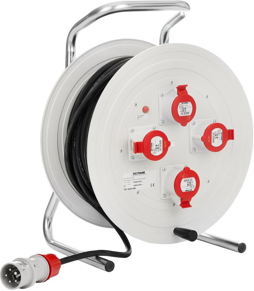 Макара индустриална IP44 серия ROLLER 450 кабел H07RN-F 30 метра х 2,5мм2 вход 3P+N+Е 16A и изход 4х 3P+N+E 16A Scame, SCAME, 745.3005-096