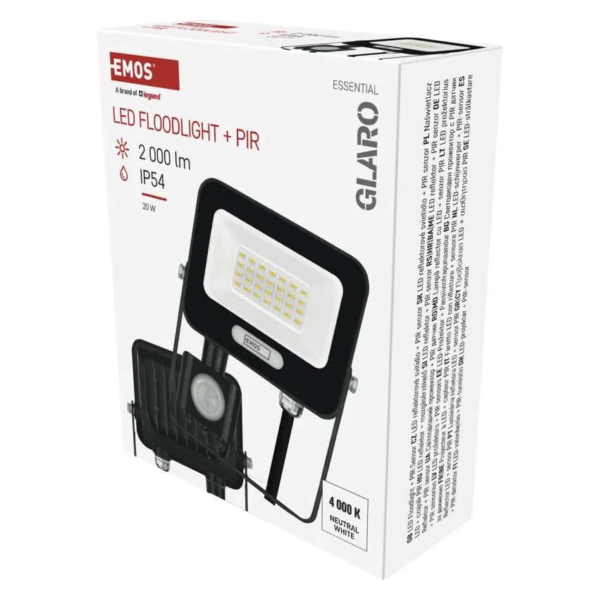 Прожектор LED 20W 4000K 2000lm 120° x 120° 20000h IP65 черен с датчик GLARO EMOS, ZS2324B