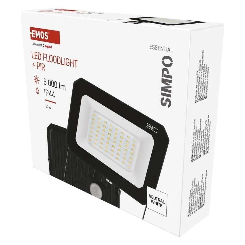 Прожектор LED 50W 4000K 5000lm 120° x 120° 25000h IP44 черен с датчик SIMPO EMOS