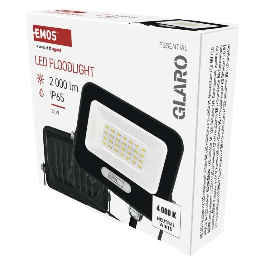 Прожектор LED 20W 4000K 2000lm 120° x 120° 20000h IP65 черен GLARO EMOS, ZS2224B