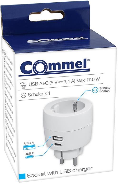 Адаптер за контакт бял с USB A+C 1 х шуко Commel, COMMEL, C240-801