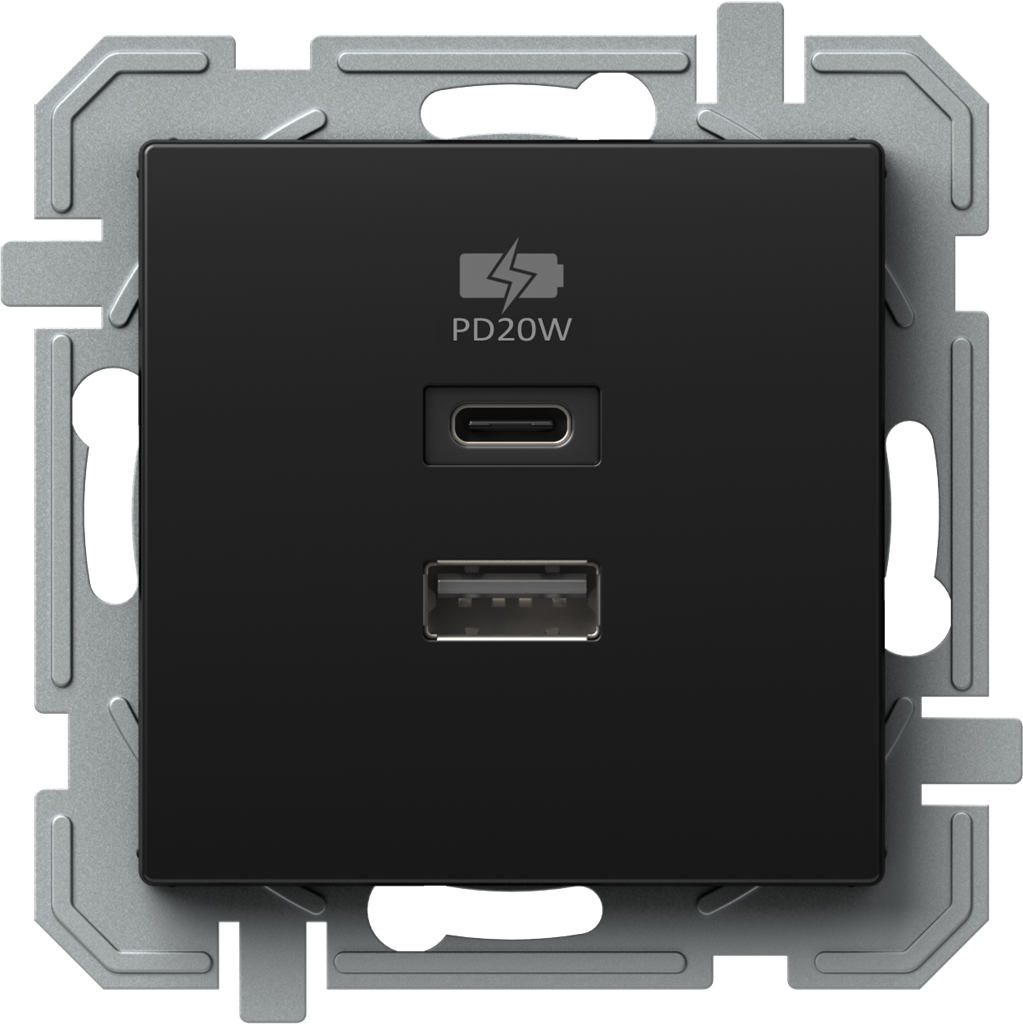Розетка 2хUSB за зареждане тип A+C Power Delivery 20W цвят Черен Logiq TEM, EQ69BKXO