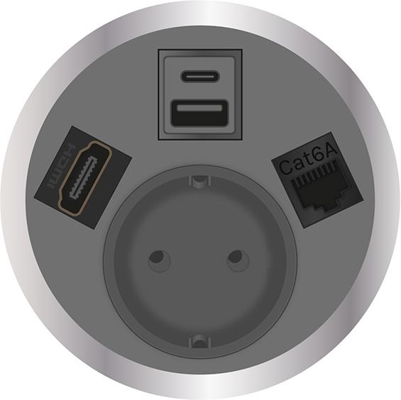 Модул Port El с 1х Шуко, USB тип A+C, RJ45 Cat.6A и HDMI, цвят Сив, ABL, ABL Сърбия, 2F22F1B7