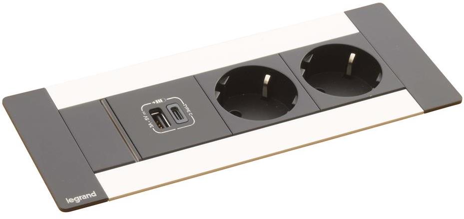 Мебелна кутия с 2х Шуко и USB тип C Power Delivery 30W, кабел 2m, 202x80mm, цвят ЧЕРЕН МЕТАЛ, Incara Multilink Legrand, LEGRAND, 654793