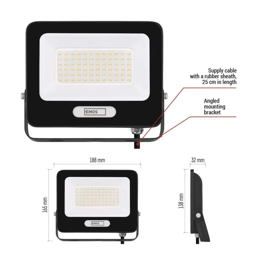 Прожектор LED 50W 4000K 5000lm 120° x 120° 20000h IP65 черен GLARO EMOS, ZS2244B