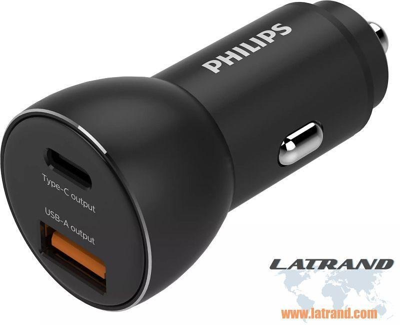 Зарядно за кола Philips - Phil-DLP2521/00, USB-A, USB-C, 30W,черно