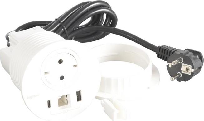 Модул за вграждане в бюро с 1х Шуко и USB тип A+C, кабел 2m, Ø80mm, цвят БЯЛ, Incara Disq Legrand, LEGRAND, 654714
