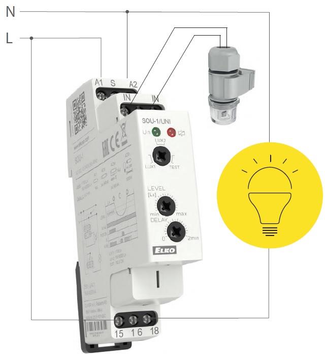Датчик за осветеност, комплект с фотоклетка IP65, 1c/o 16A, 230Vac, 1DIN, Elko EP, ELKO EP, SOU-1/230V