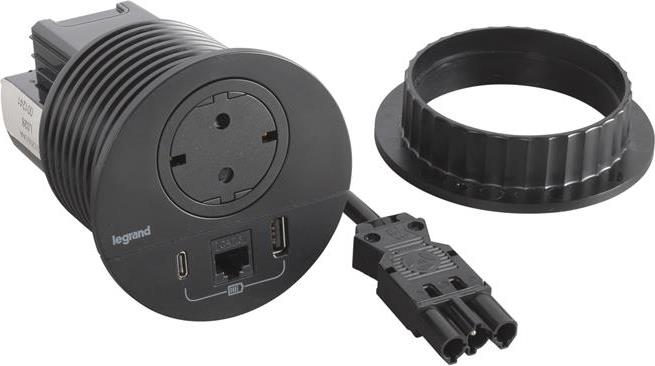 Модул за вграждане в бюро с 1х Шуко, USB тип A+C и 1х RJ45 Cat.6 UTP, GST18, Ø80mm, цвят ЧЕРЕН, Incara Disq Legrand, LEGRAND, 654711F