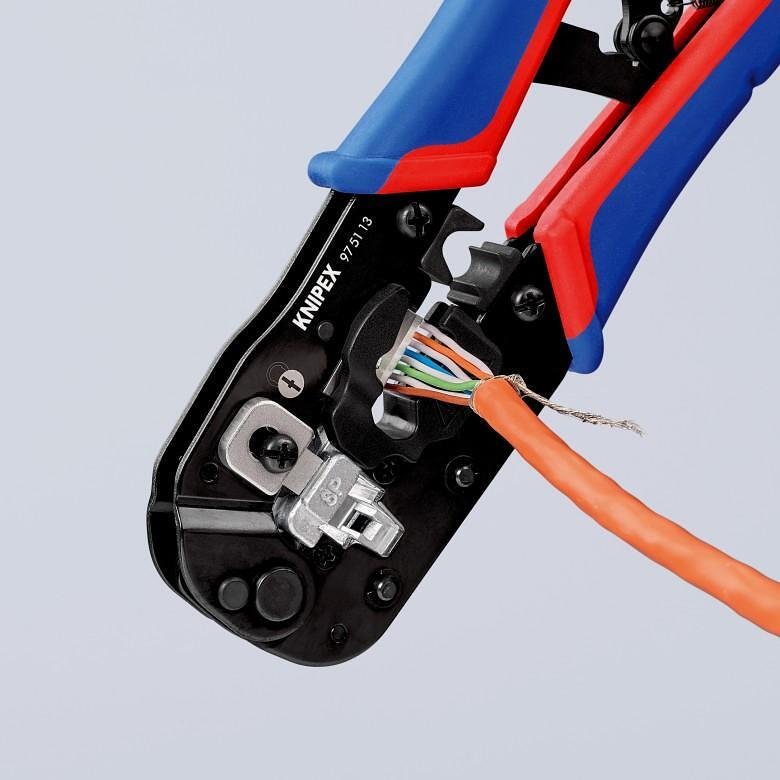 Инструмент за кримпване на RJ45, заголване и рязане, синьо-червена ръкохватка 190мм, с пружина, Knipex - K975113