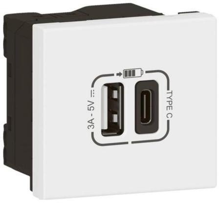 Розетка 2хUSB за зареждане тип A+C 3A 15W 2 мод. Link цвят Бял Mosaic Legrand, LEGRAND, 77570L