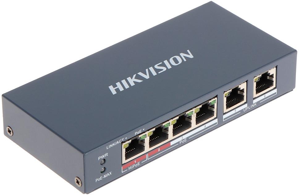 Мрежов комутатор, 4x 10/100 Mbps PoE + 2x 10/100 Mbps uplink порта, 60W, Hikvision, HIKVISION - домофонни системи, DS-3E0106HP-E