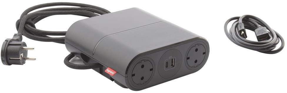 Разклонител 4x Шуко, USB тип A+C и HDMI 2m, кабел 2.5m и GST18, цвят ЧЕРЕН Incara Link'On Legrand, LEGRAND, 654887