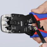 Инструмент за кримпване на RJ45, RJ11 и RJ10, заголване и рязане, синьо-червена ръкохватка 200мм, с пружина, Knipex - K975112