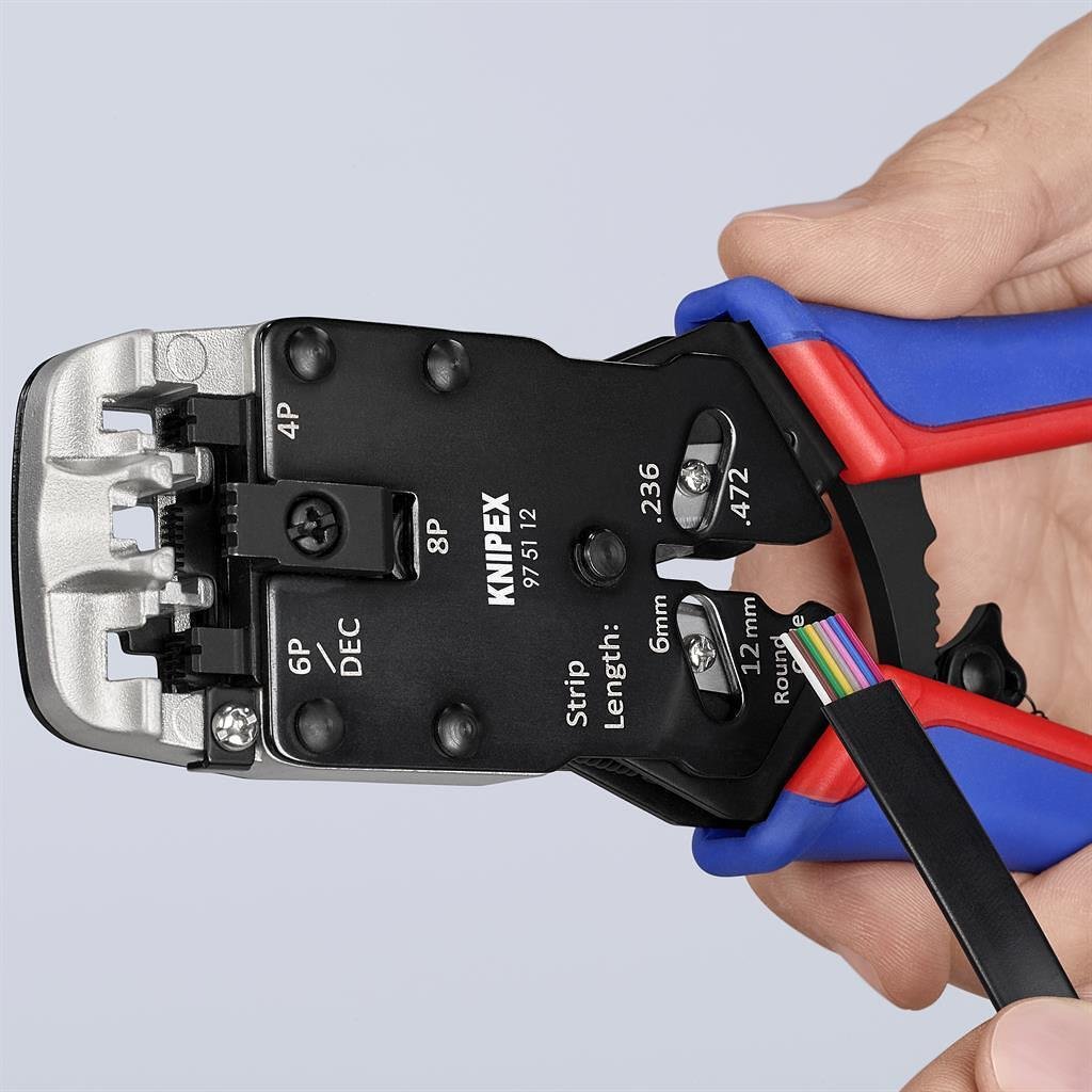 Инструмент за кримпване на RJ45, RJ11 и RJ10, заголване и рязане, синьо-червена ръкохватка 200мм, с пружина, Knipex - K975112