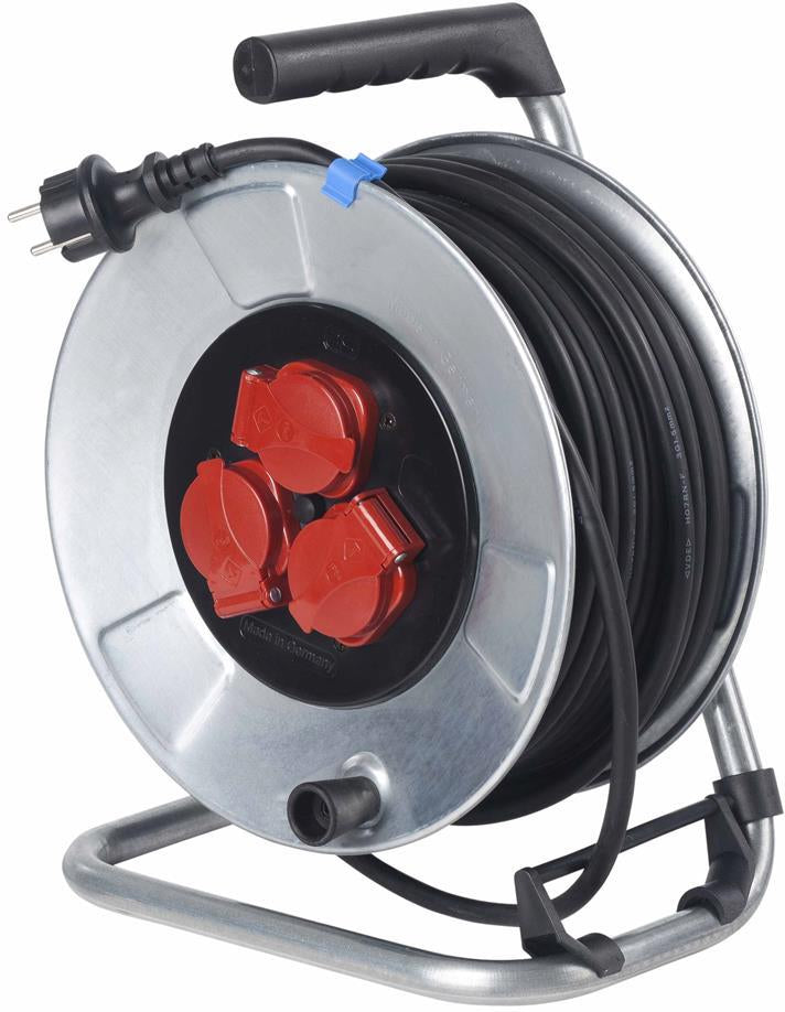 Макара метална 25м H05RR-F 3G1,5mm2 IP44 термична защита 3 шуко с капак и водач на кабела AS Schwabe, AS - SCHWABE, AS10317