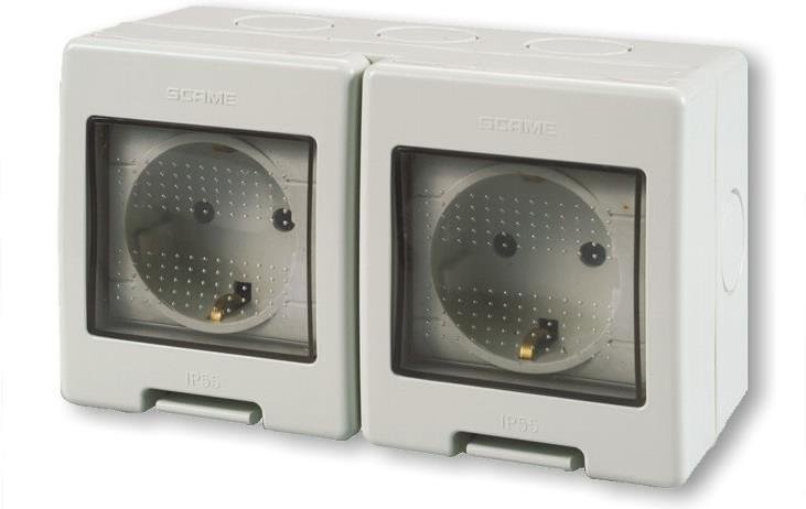 Контакт шуко ДВОЕН 16А с детска защита моноблок IP55 Unibox, цвят СИВ Scame-136.5124-407