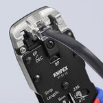 Инструмент за кримпване на RJ45, RJ11 и RJ10, заголване и рязане, синьо-червена ръкохватка 200мм, с пружина, Knipex - K975112