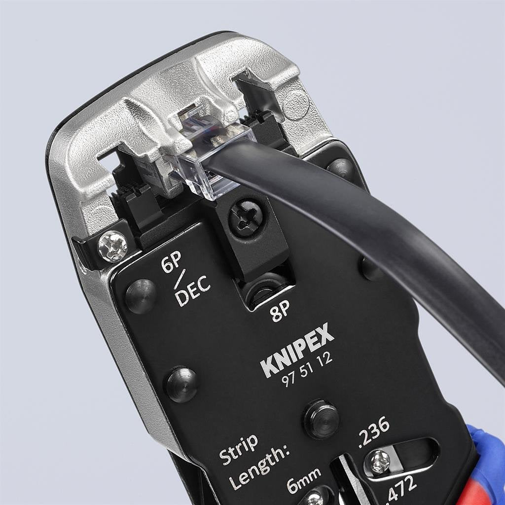 Инструмент за кримпване на RJ45, RJ11 и RJ10, заголване и рязане, синьо-червена ръкохватка 200мм, с пружина, Knipex - K975112