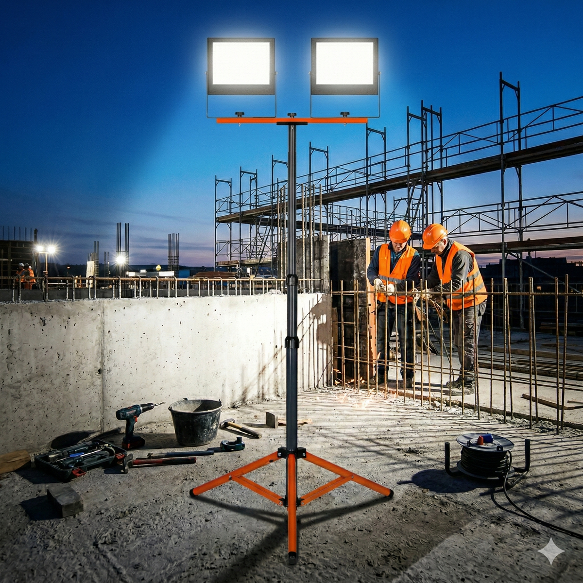 Професионален LED Строителен Прожектор 2x50W със Стойка | 10 000 lm | IP65 | Телескопичен Трипод 1.77 m | Неутрална Светлина 4500K