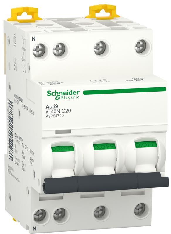 Автоматичен прекъсвач Acti 9 iC40N 3P+N 20A крива C 6kA SE, SCHNEIDER ELECTRIC НИСКО НАПРЕЖЕНИЕ, A9P54720