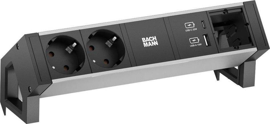 Модул DESK 2 ALU с 2х Шуко, USB тип A+C и 1х празен модул, цвят Черен, Bachmann, BACHMANN, B937.304