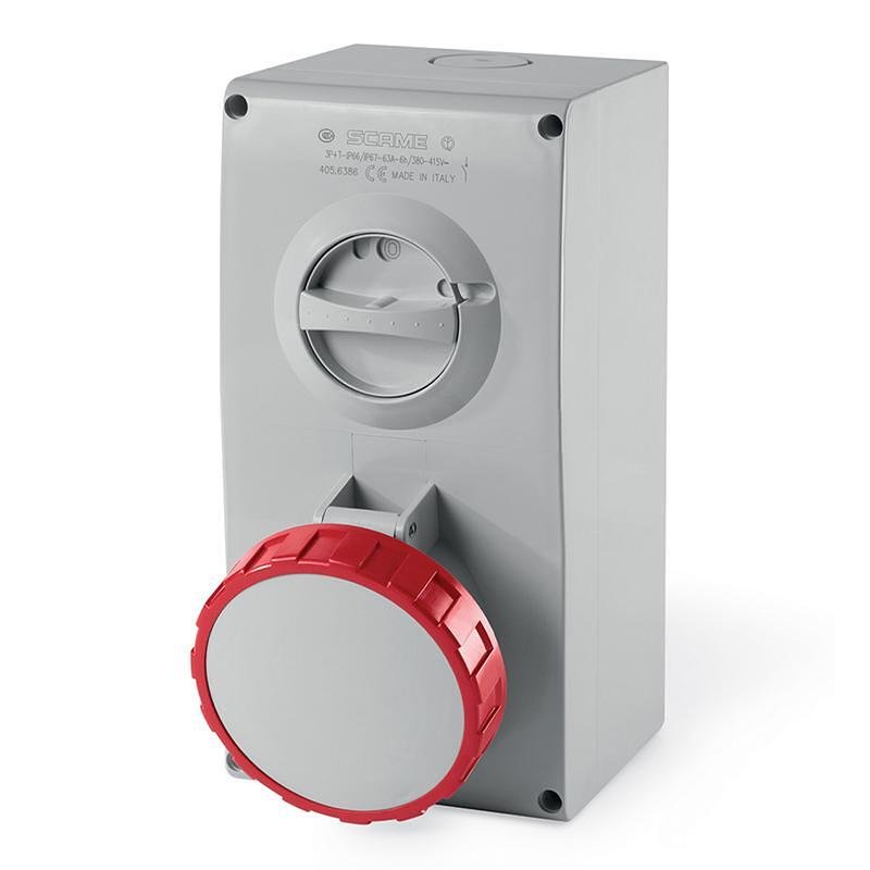 Промишлен контакт 3P+N+Е 63A IP66 с механична блокировка серия Omnia Scame-505.6387 червен/сив