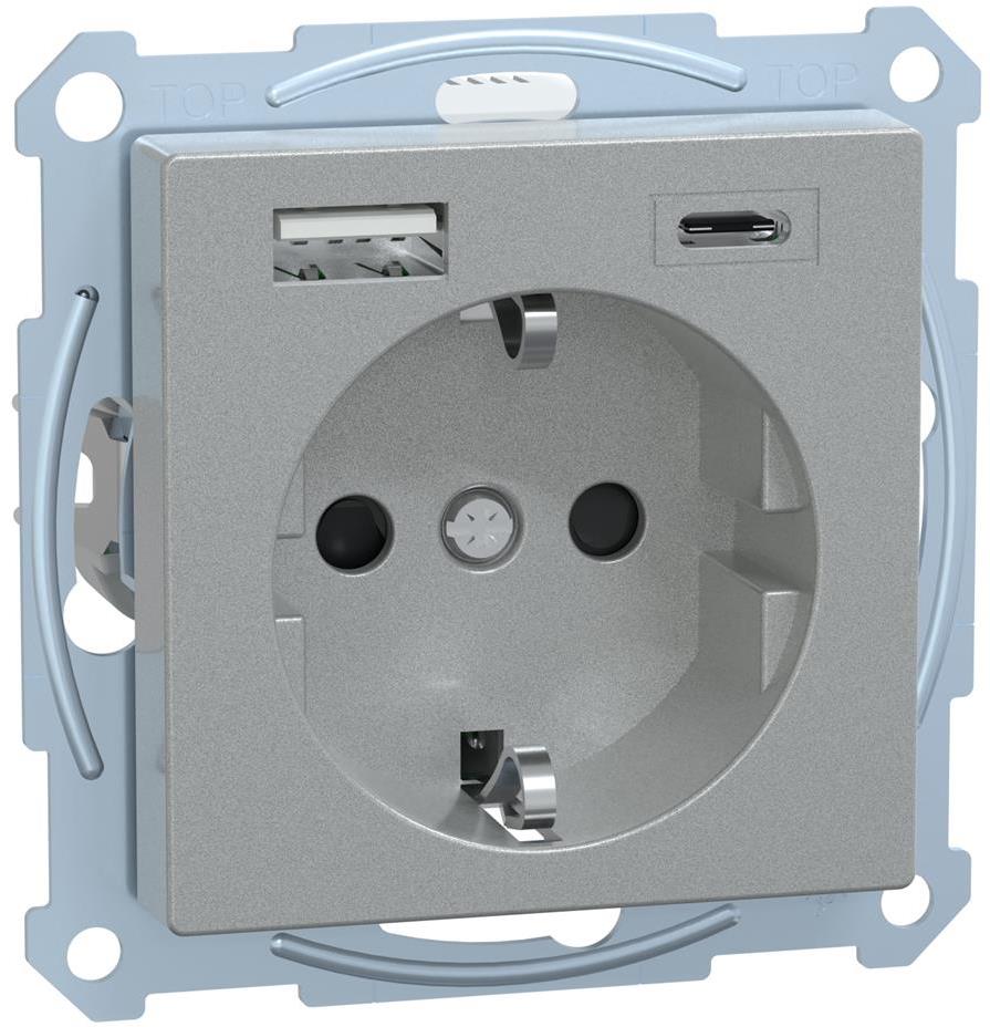 Механизъм контакт шуко 16A + USB A+C 3A 15W с лицев панел цвят Алуминий System M Merten SE, SCHNEIDER ELECTRIC, MEG2367-0460