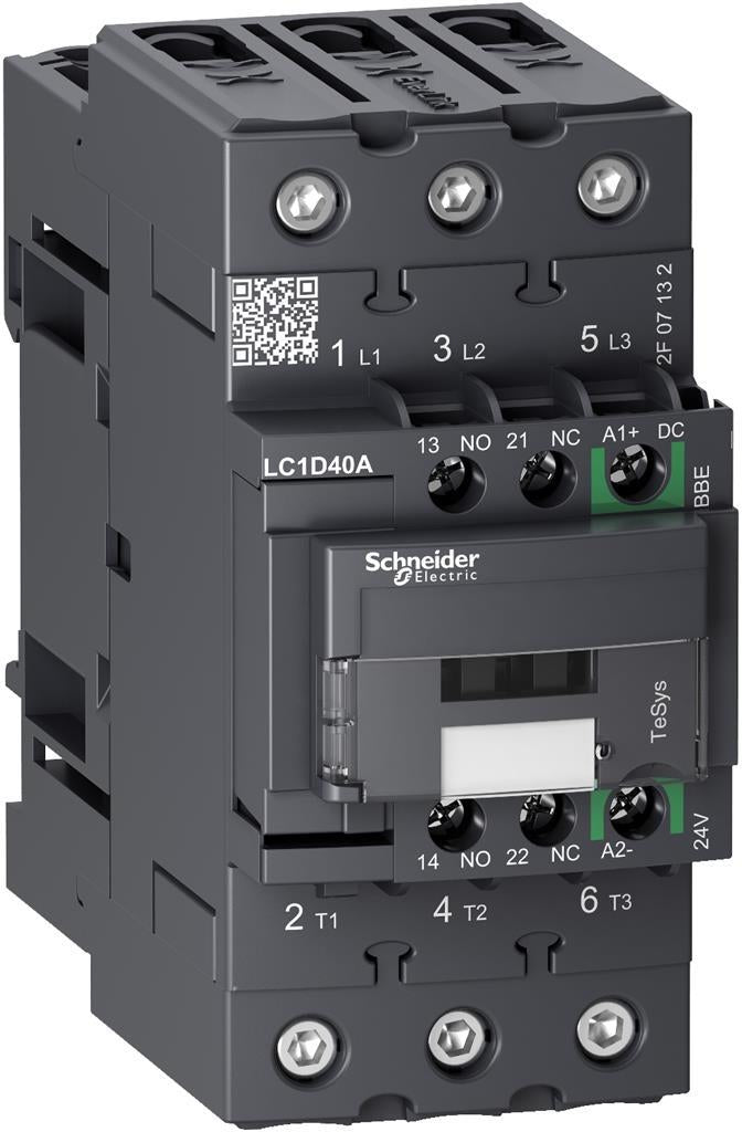 Контактор TeSys D 3P 18.5kW (40A AC-3) 1NO-1NC 24V DC EverLink SE, SCHNEIDER ELECTRIC НИСКО НАПРЕЖЕНИЕ, LC1D40ABBE