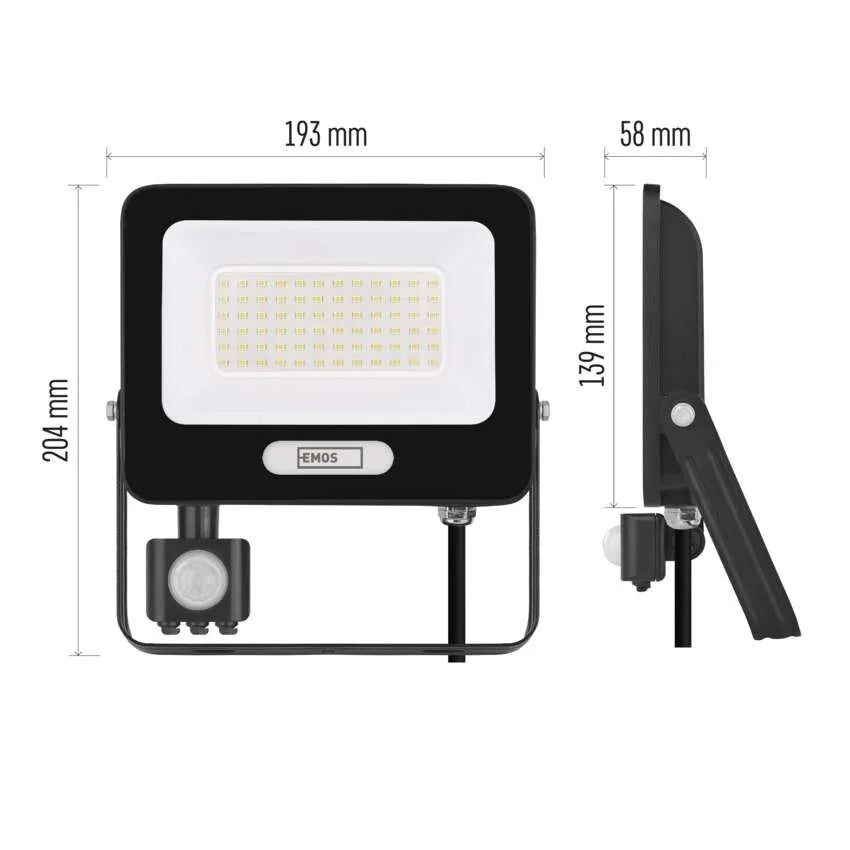 Прожектор LED 50W 4000K 5000lm 120° x 120° 20000h IP65 черен с датчик GLARO EMOS, ZS2344B