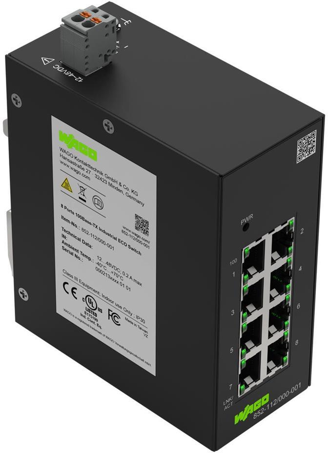Мрежов комутатор, 8x 10/100 Mbps, за DIN монтаж, 12…48V DC Eco Wago, WAGO, 852-112/000-001