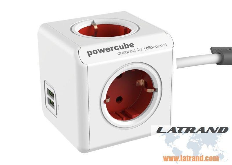 Разклонител PowerCube 4 гнезда с   1.5 метра кабел и 2х USB червен 1402RD, Allocacoc, 1402RD%%1