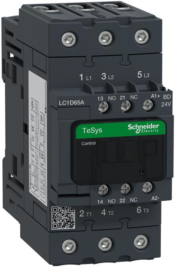 Контактор TeSys D 3P 30kW (65A AC-3) 1NO-1NC 24V DC EverLink SE, SCHNEIDER ELECTRIC НИСКО НАПРЕЖЕНИЕ, LC1D65ABD