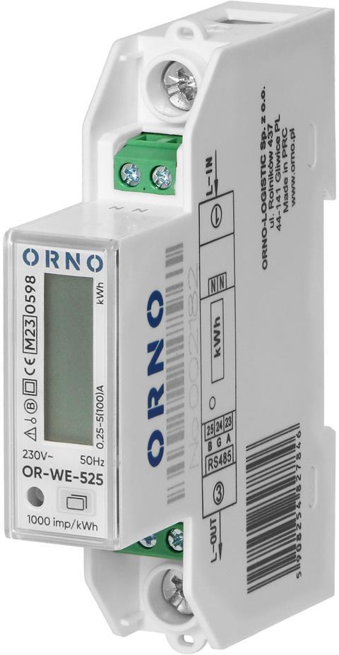 Монофазен електромер за ДИРЕКТНО мерене на ел. енергия, Modbus, еднотарифен, за DIN монтаж 1 мод, 100A, MID ORNO, OR-WE-525
