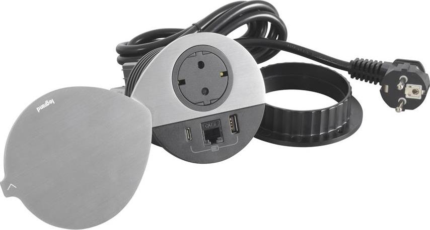 Модул за вграждане в бюро с 1х Шуко, USB тип A+C и 1х RJ45 Cat.6 UTP, кабел 2m, Ø80mm, цвят ЧЕРЕН с капак, Incara Disq Legrand, LEGRAND, 654713