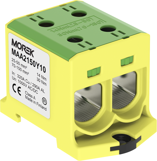 Тунелна клема ЖЪЛТО-ЗЕЛЕНА 1P 320A с 4 отвора OTL150-2 2xAl/Cu 25-150mm² 1000V MOREK, MAA2150Y10