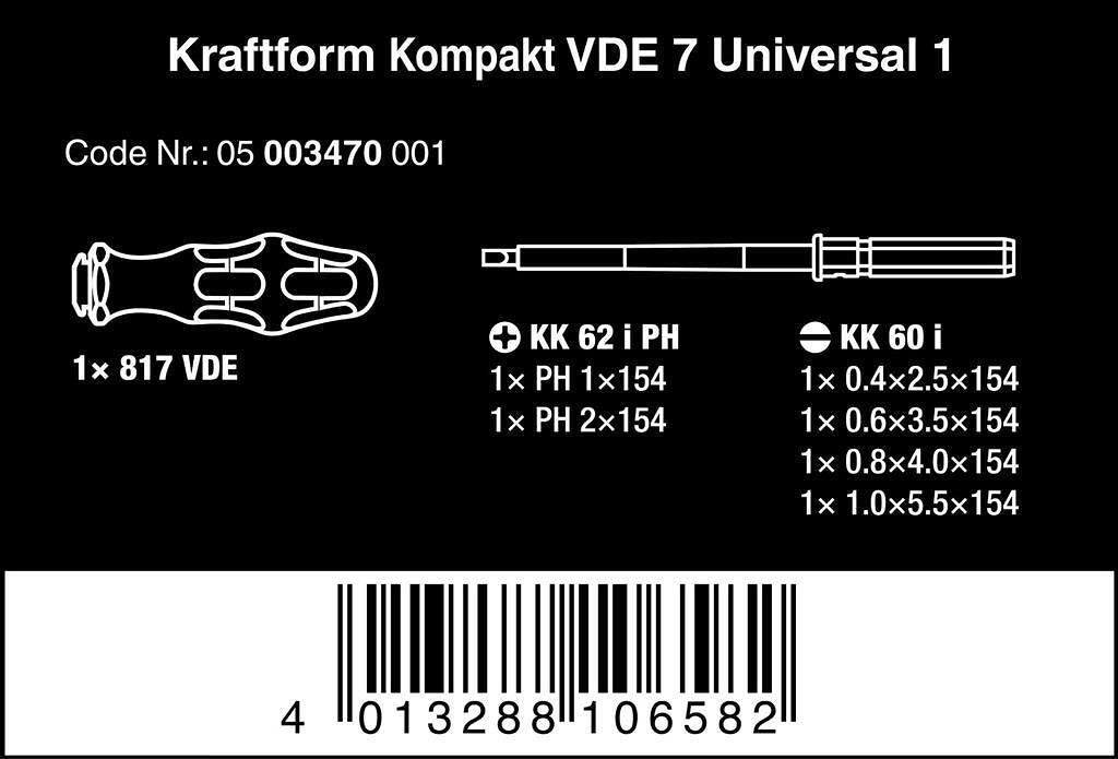Комплект отвертки, 1x ръкохватка и 6х изолирани остриета, 7 Universal 1 Kraftform Kompakt VDE 1000V Wera - W003470