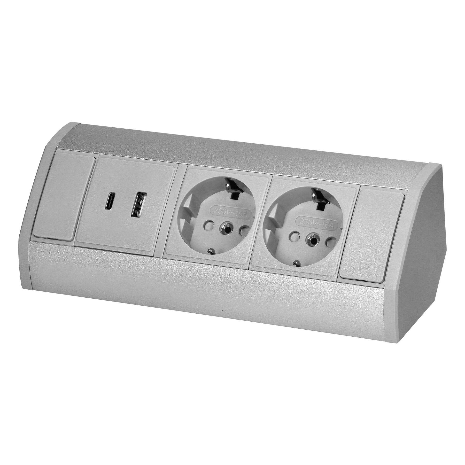Ъглов контакт от ORNO 2x2P+E (Schuko), 2xUSB (тип A+C; 2.4A),Сив, OR-GM-9039(GS)/G