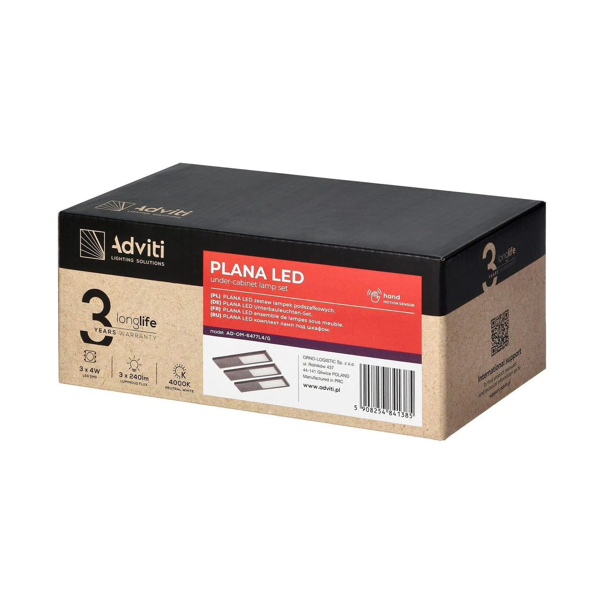 ПОДШКАФНА ЛАМПА PLANA LED ADVITI AD-OM-6476L4/G/SW 4W 240lm + БЕЗКОНСОРТЕН ПРЕВКЛЮЧВАТЕЛ - AD-OM-6477L4/G