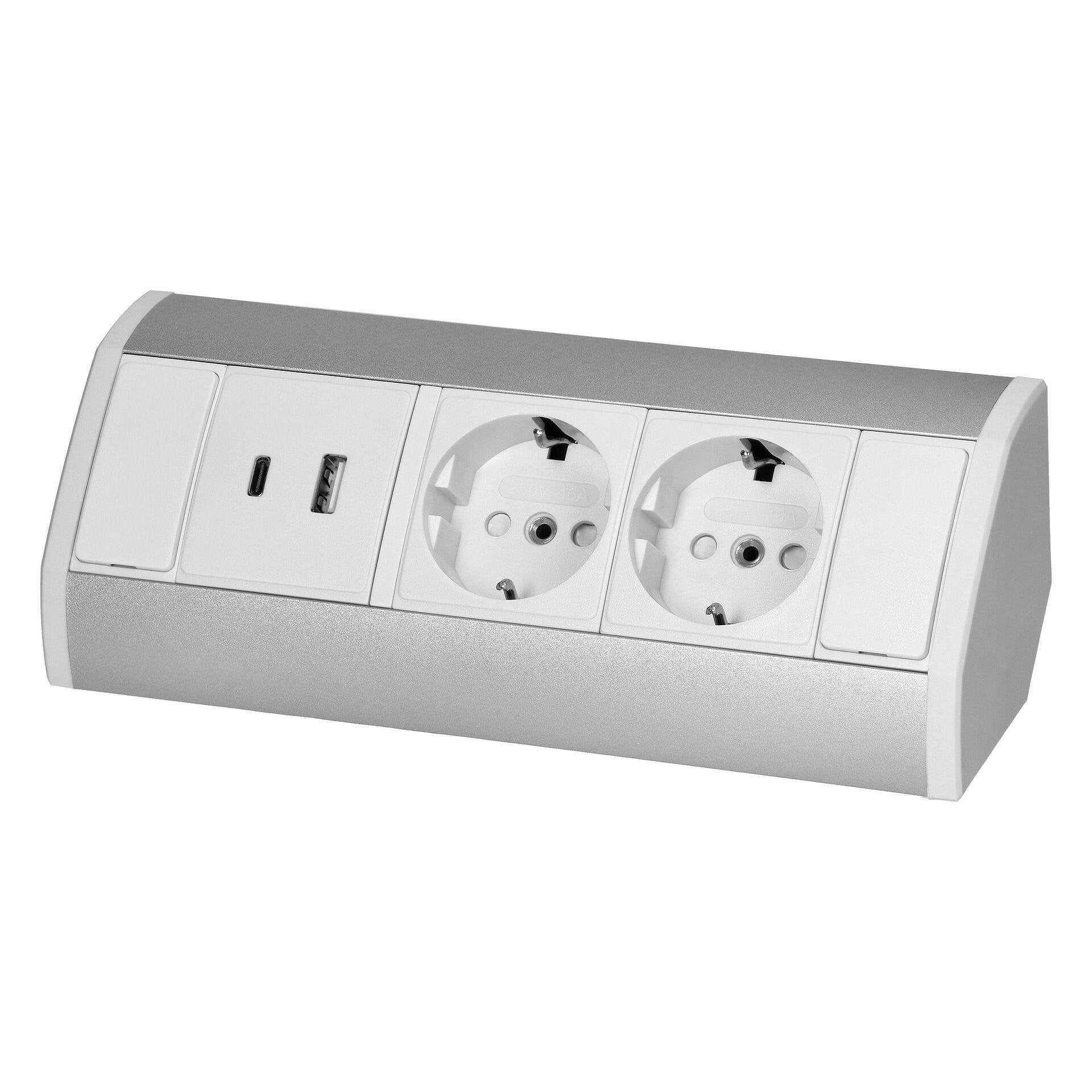 Бяло-сребрист Ъглов контакт 2x2P+E (Schuko), 2xUSB (тип A+C; 2.4A),, ORNO, OR-GM-9039(GS)/W-G