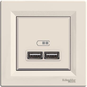 Розетка 2хUSB за зареждане тип A 2.1A 10.5W моноблок цвят Крем Asfora SE, SCHNEIDER ELECTRIC, EPH2700223