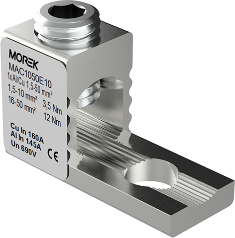 Неизолиран конектор към устройство OT50 1xAl/Cu 1,5-50 mm² h22mm 160A 690V MOREK, MAC1050E10