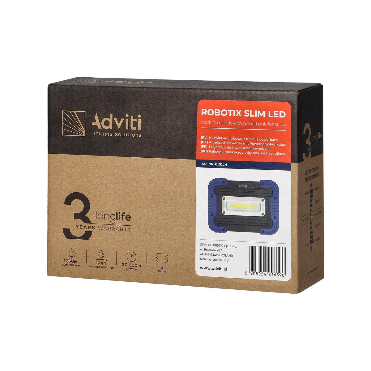 ROBOTIX SLIM LED работна лампа с USB зарядно устройство, 20W Li-Ion 4400mAh, 1250 lm - AD-NR-6151L4, ADVITI