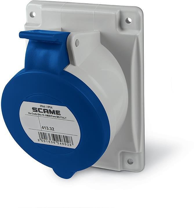Промишлен контакт 2P+Е 32A 230V IP54 серия Optima панелен монтаж 84х106мм Scame-413.3263 син/сив
