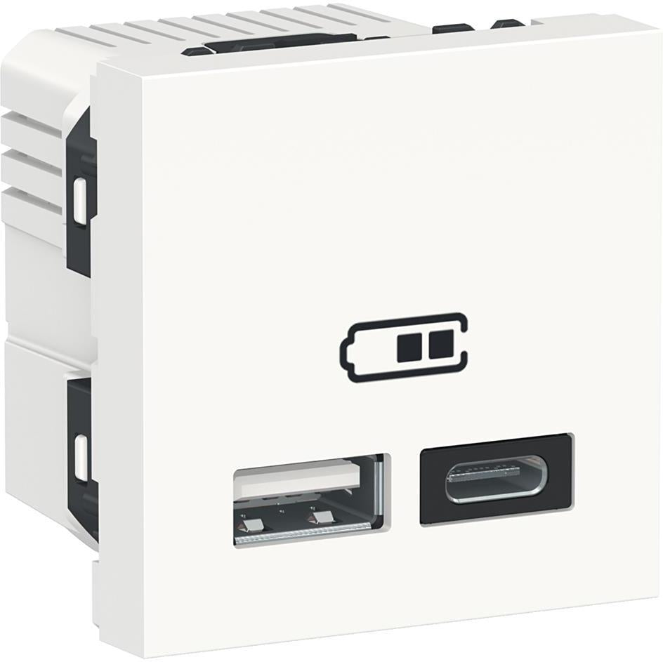 Розетка 2хUSB за зареждане тип A+C 2.4A 12W 2 мод. цвят Бял Unica SE, SCHNEIDER ELECTRIC, NU301818