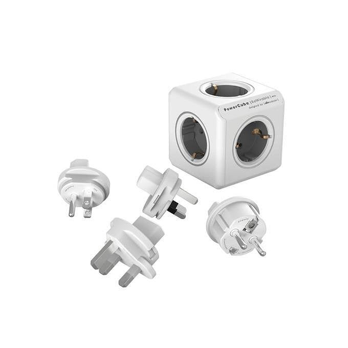 Разклонител Allocacoc Power Cube 1800GY Travel Kit, 5 гнезда, приставки за др. държави, защита от деца, бял/сив, 1800GY/DERW4P