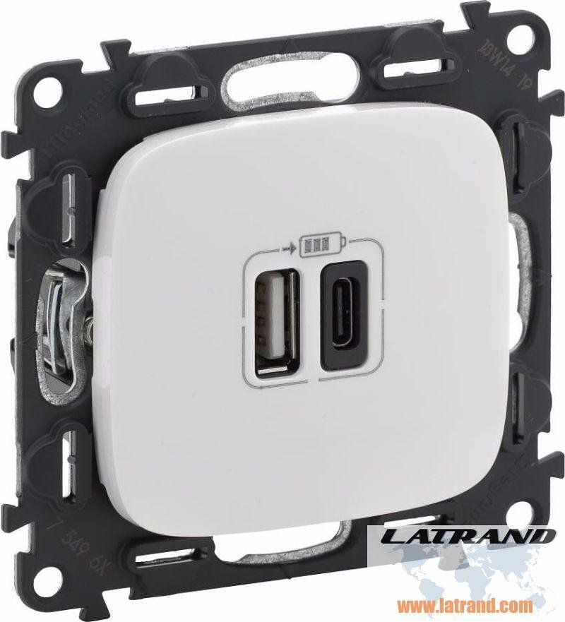 Розетка 2хUSB за зареждане тип A+C 5V 3A 15W цвят Бял Valena Allure (комплект с механизъм) Legrand - 754965