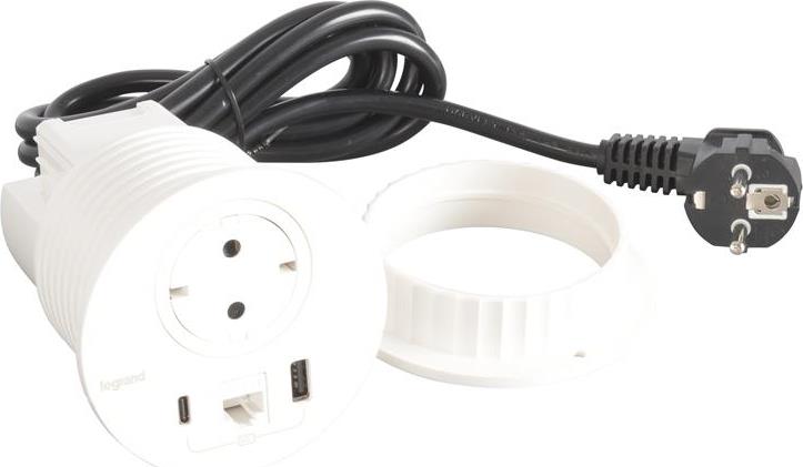 Модул за вграждане в бюро с 1х Шуко, USB тип A+C и 1х RJ45 Cat.6 UTP, кабел 2m, Ø80mm, цвят БЯЛ, Incara Disq Legrand, LEGRAND, 654710
