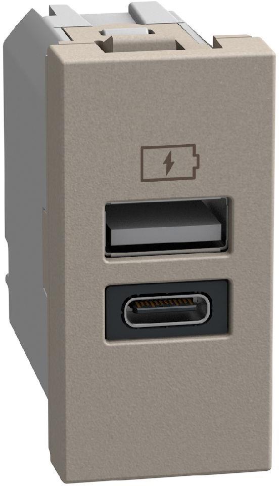 Розетка 2xUSB за зареждане тип A+C 3A 15W 1 мод. цвят Камък Light Now Bticino, BTICINO, YG4191AC